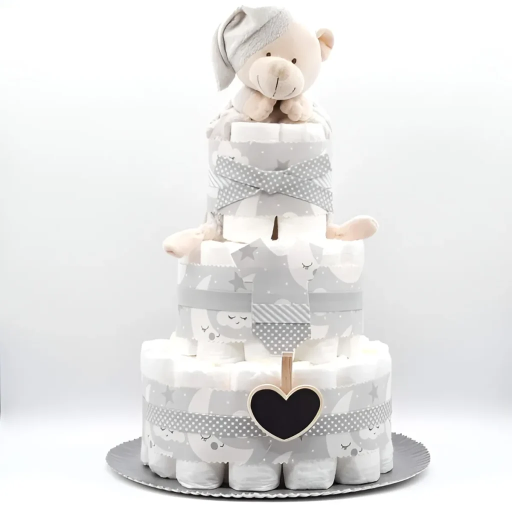 Tarta de pañales de tres pisos modelo Estrella azul y blanca, regalo artesanal para bebé con pañales Dodot y peluche