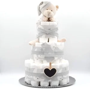 Tarta de pañales de tres pisos modelo Estrella azul y blanca, regalo artesanal para bebé con pañales Dodot y peluche