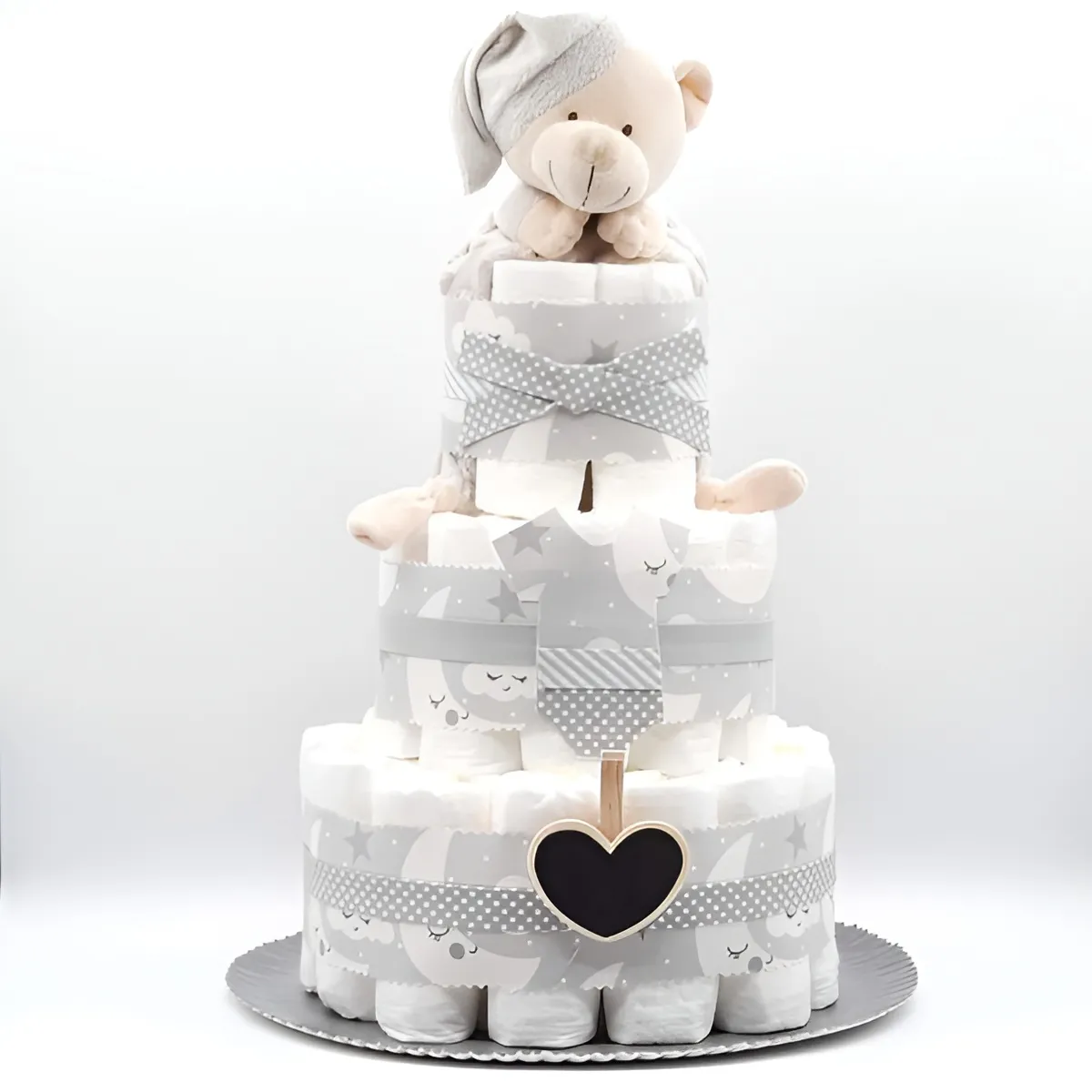 Tarta de pañales de tres pisos modelo Estrella azul y blanca, regalo artesanal para bebé con pañales Dodot y peluche